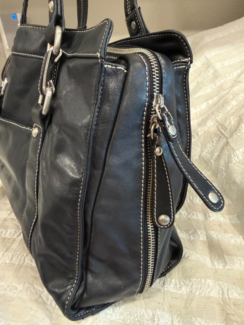 Perlina New York Black Genuine Leather Y2K Shoulder Bag Tote Hardware - Picture 5 of 17